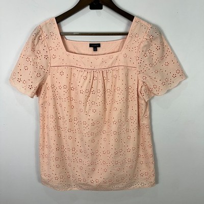 Talbots Top M  Pink Eyelet Cotton Square Neck Blouse Cottagecore Preppy Romantic