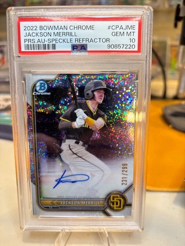 2022 BOWMAN CHROME AUTO SPECKLE REFRACTOR JACKSON MERRILL RC #/299 PSA 10