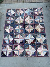 Vintage 1800s Farmhouse Quilt Log Cabin Style 80x64 inches Antique Patchwork