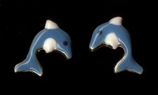 14K Fine Solid Yellow Gold 11mm Blue Enamel Dolphin Fish Stud Earrings kW