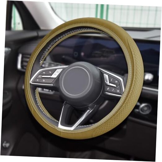 Car Steering Wheel Cover, Universal 14.5-15 Inch Leather Steering Wheel Beige