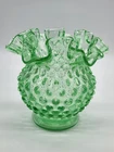 Vintage Fenton Light Green Glass Hobnail Vase Bowl W/ Ruffled Edge  4.5" tall