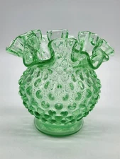 Vintage Fenton Light Green Glass Hobnail Vase Bowl W/ Ruffled Edge  4.5" tall