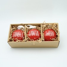 Rae Dunn Large Set Of 3 Christmas Ornaments Ceramic Red JINGLE - SANTA - WISH
