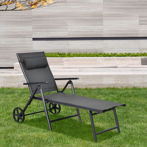 Patiojoy Outdoor Lounge Chair W/ Wheels Neck Pillow Adjustable Aluminum Frame - Picture 4 of 9