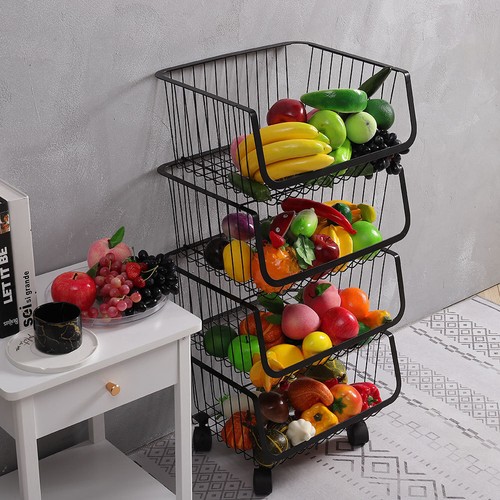 STORAGE STACKING WIRE BASKET STACKABLE SHELVES VEGETABLE FOOD KITCHEN RACK WHEEL - Picture 29 of 43