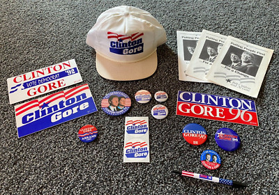 Vintage 1992 & 96 Clinton Gore Presidential Campaign-Hat, Buttons, Bumpers, Pen+