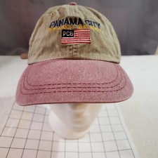 VINTAGE Panama City Beach Sport Khaki Strapback Baseball Cap Florida PCB Flag