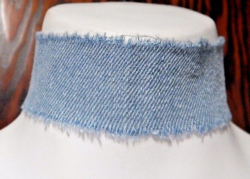 WIDE TATTERED DENIM BAND CHOKER Jeans 90s frayed collar Y2K faded blue S6 - Picture 2 of 5
