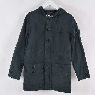 Elvine Women's Parka Jacket Medium Navy Blue Hooded Two Large Pocket Zip Button