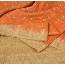 Sanskriti Vintage Orange Sarees Cotton Silk Hand Woven Sari 5Yrd Craft Fabric