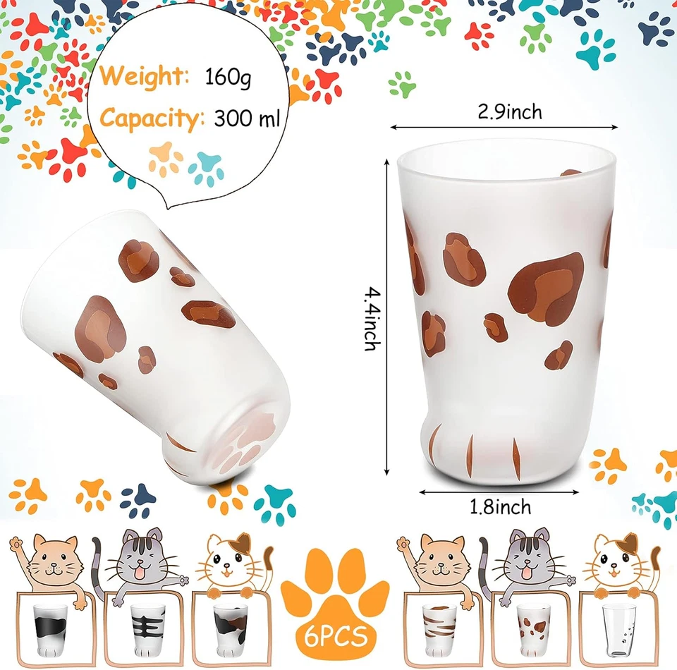 Tazas de pata de gato 6 piezas, taza de vidrio con garra de gato Kawaii, taza de café con estampado esmerilado, pie Foto 3 de 4