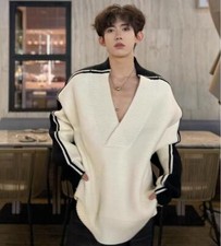 Men's Fashion Winter V Neck Long Sleeve Loose Color Matching Kniting Sweaters