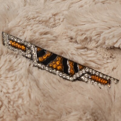 Broche Barrette Art Déco Pierre Bex – émail, Strass, étain, Marron, Occasion 70x10mm