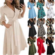 Womens Long Sleeve Belted Midi Dress Ladies V Neck Party Formal Work OL Dress M