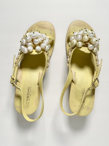 Vintage 1960s 1970s Vagabonds Pearl Beaded Satin Ball Sandal Heel Shoes Yellow 7 - Picture 6 of 22