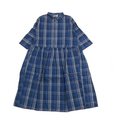 ICHI Antiquités Indigo Linen Check Shirt Dress One Size Japanese Natural