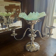 Epergne Candelabra Sheffield Silver Plate Green Glass Opalescent Candlestick VTG