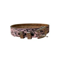 Pink and Brown Tooled Leather Belt Silver Tone Hardware