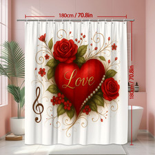 Romantic Red Heart Shower Curtain with Roses and Floral Design