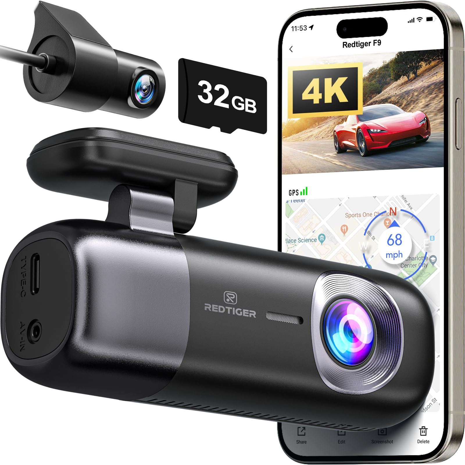 F9 4K Front and Rear 1080P WiFi GPS Dash Cam with 32GB Card Dual Lens