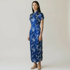 Chinese Satin Cheongsam/Qipao Long Dress Women Size M Blue Peony Floral Ankle