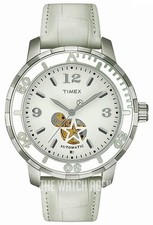 Women's Timex T2M510 Automatic Silver Dial w White Leather Band Watch