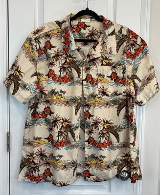 BAREFOOT IN PARADISE Mens Hawaiian Shirt Large Floral Toucan Button Up Pocket