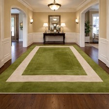 8x10 ft- 9x12 ft Hand Tufted Green Wool Area Rug Modern Cream Border Living Room