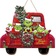 Grinch Christmas Decorations Truck  Wreath Wooden Door Wall Hanging Sign Indoor
