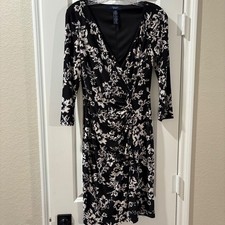 Chaps Floral Dress Women's Small Black White 3/4 Sleeve Sheath Career Party