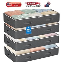 90L Under Bed Storage Containers, 4 Pack Closet Organizers Grey  Foldable un...