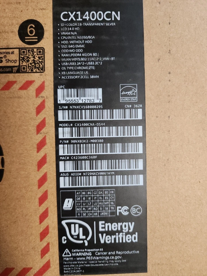 Asus Chromebook CX1 14" Celeron N3350 4GB 64GB eMMC Chrome OS CX1400CNA-DS44 - Image 2 of 4