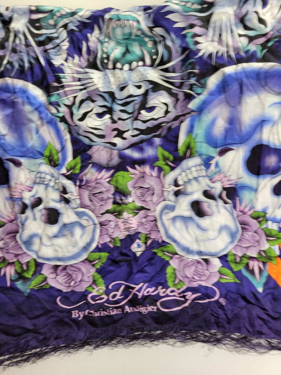 HUGE Ed Hardy Christian Audigier Silk Rectangle Scarf Fringe Tiger