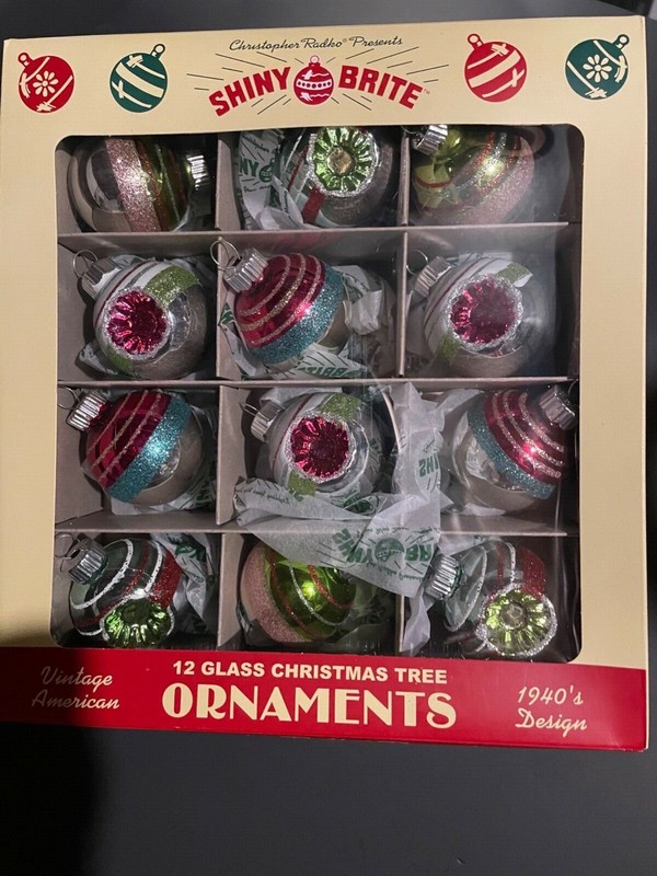 Christopher Radko Shiny Brite Retro Glass Ball Ornaments Set of 12 Indent Floral