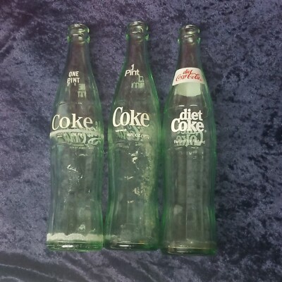 3 Coca Cola Coke Green Bottles 16 oz Bangor ME Columbus OHIO Marianna AR Vintage