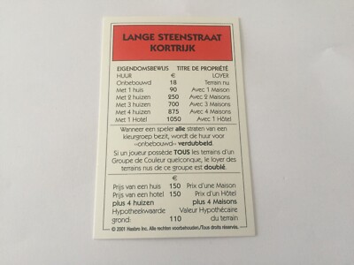 MONOPOLY KARTE 2001 FRANZÖSISCH NIEDERLÄNDISCH EIGENTUM CORTRIJK
