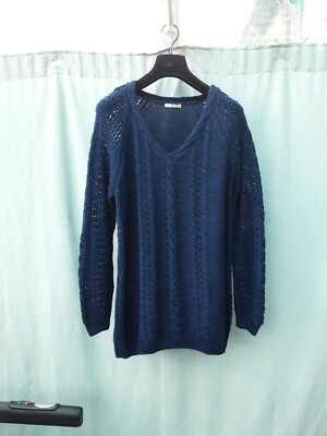 Tu dunkelblau Baumwollmischung Zopfmuster und offener Strick V-Ausschnitt Pullover UK 16 