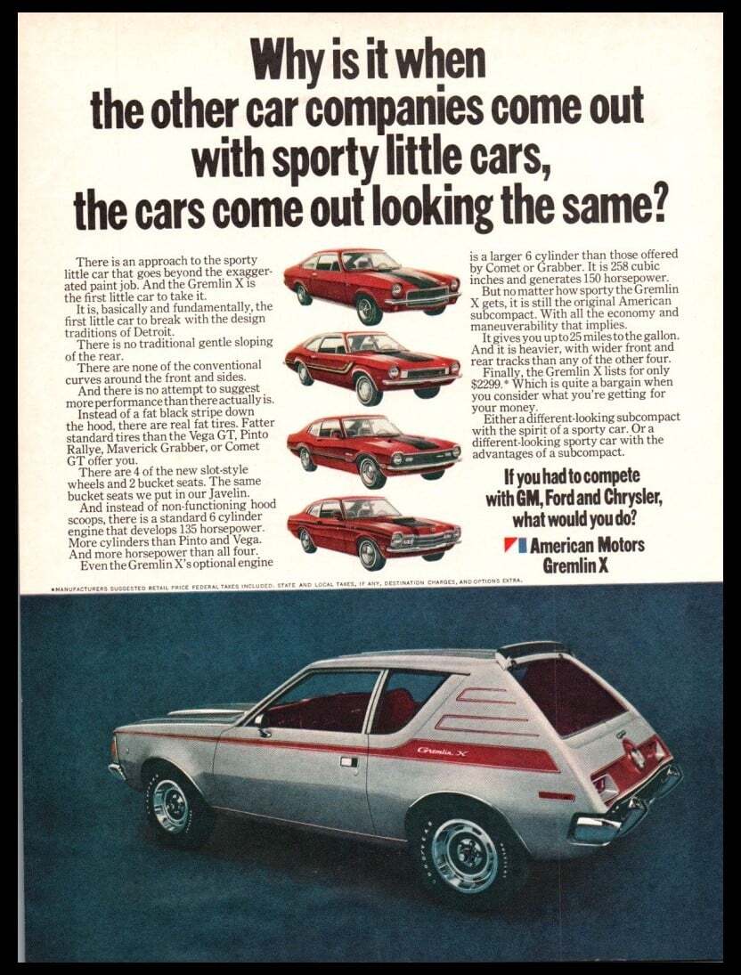 1971 AMC American Motors Gremlin X -Vintage silver car ORIG. print
