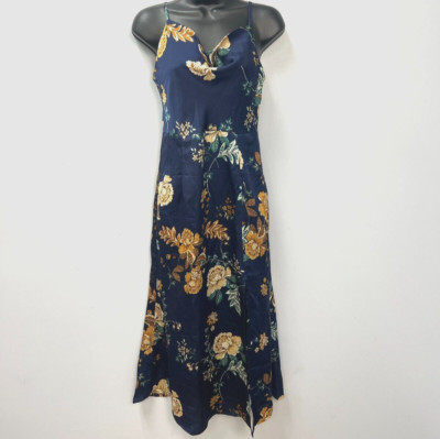 Tsher Navy Blue Floral Print Satin Midi Dress Women s Small Cowl Neck Leg Slit
