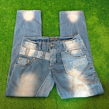 Pantalones de mezclilla K&M Kosmo Lupo para hombre 32 azul cremallera recta mosca blanqueador lavado bordado fresco