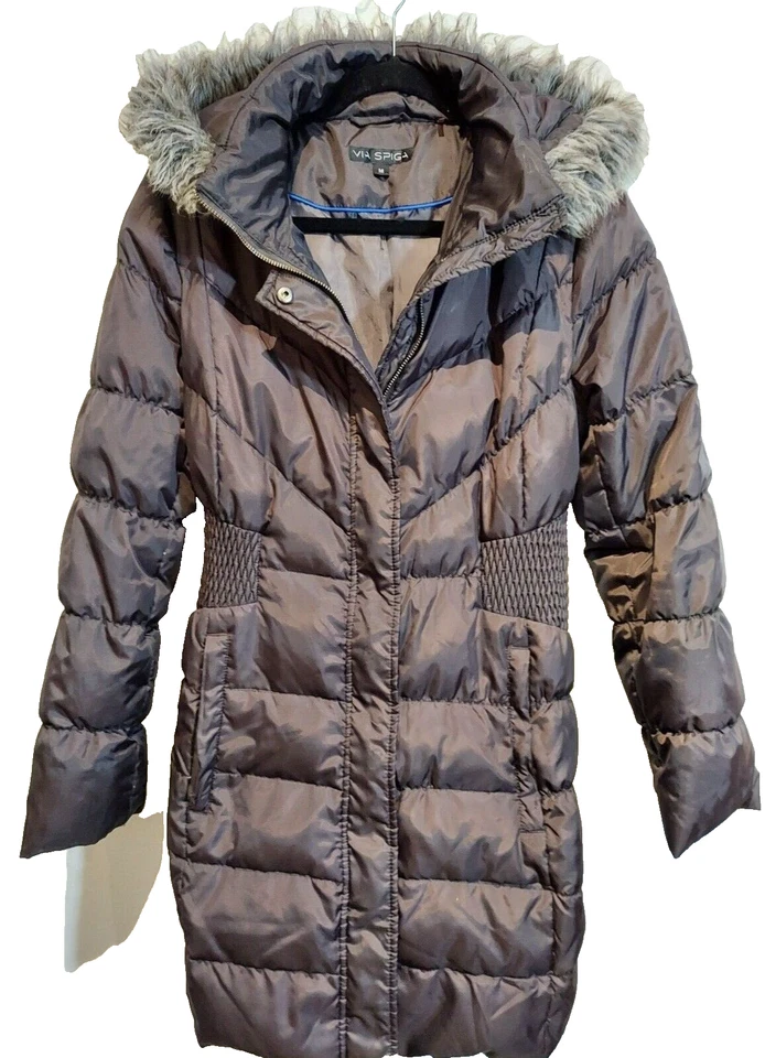 Chaqueta de Invierno Via Spiga Púrpura Plumón Puffer Extraíble Borde de Piel Capucha Talla M Abrigo Foto 3 de 4