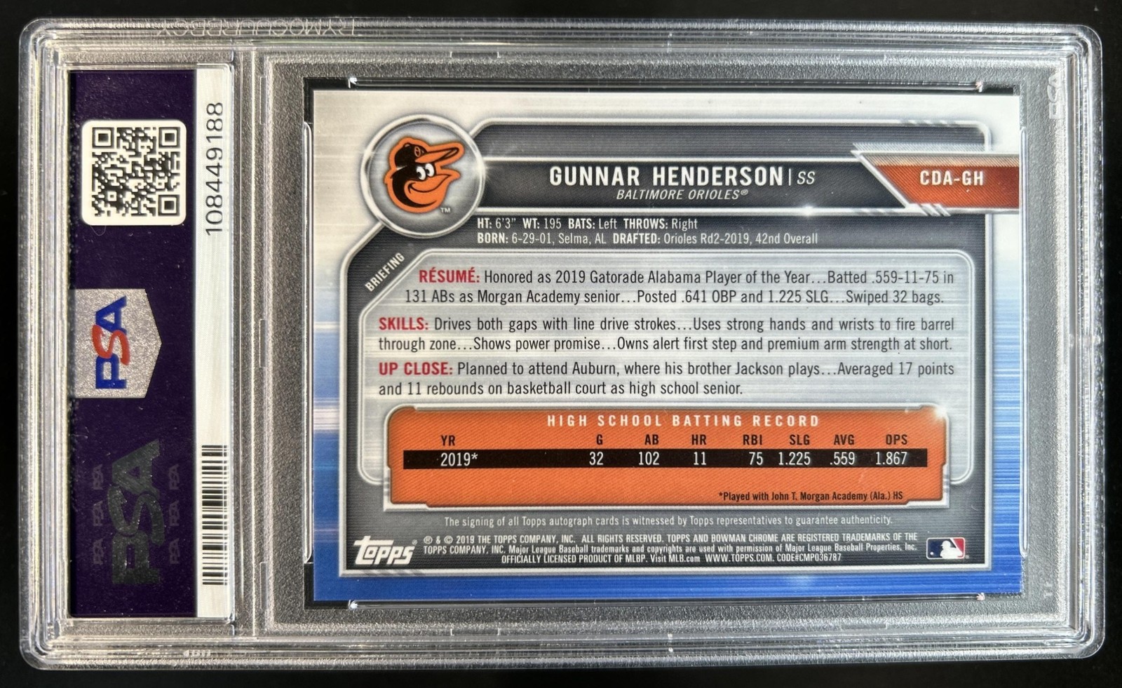 2019 Bowman Draft Gunnar Henderson Chrome Auto 1st #CDA-GH Orioles PSA 10 view 2