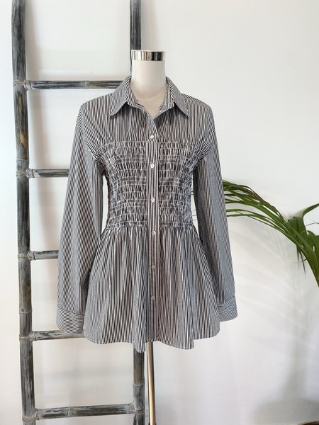 Witchery Shirred Gathered Collared Long-Sleeve Striped Shirt - Size 12