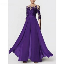 Purple Mother Of The Bride Pants Suits Applique Half Sleeves Wedding Party Gown