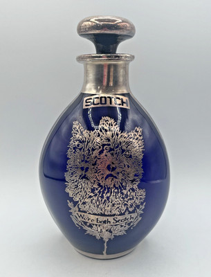 SILVER OVERLAY ON COBALT BLUE GLASS SCOTCH DECANTER, SCOTTIES WE'RE BOTH SCOTCH