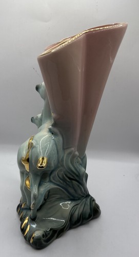 11" Vintage Hull USA Pottery Twin Deer Pink Vase Planter #62 Gold Accents - Picture 5 of 7