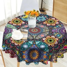 Boho Round Tablecloth, 60inch Bohemia Table Cover, Colorful Polyester Waterproof