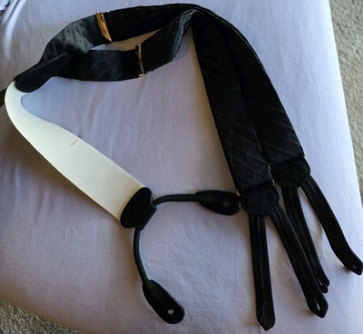 #ad TRAFALGAR Mens Suspenders Black Silk Leather Gold Brass $29.99