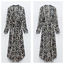 Zara Woman Satin Effect Animal Print Midi Dress Small Long Sleeve 9878/081